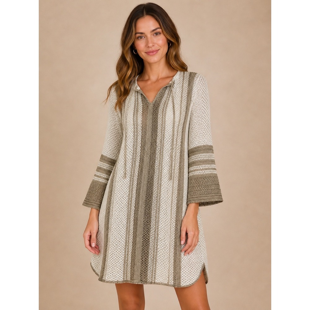 Christopher & Banks Petite Striped Open Knit Bell Sleeve Tunic Sweater PS